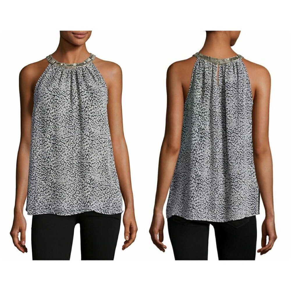 Joie Katella Embellished 100% Silk Blouse Top ~ Caviar Leopard Print Medium Nwt